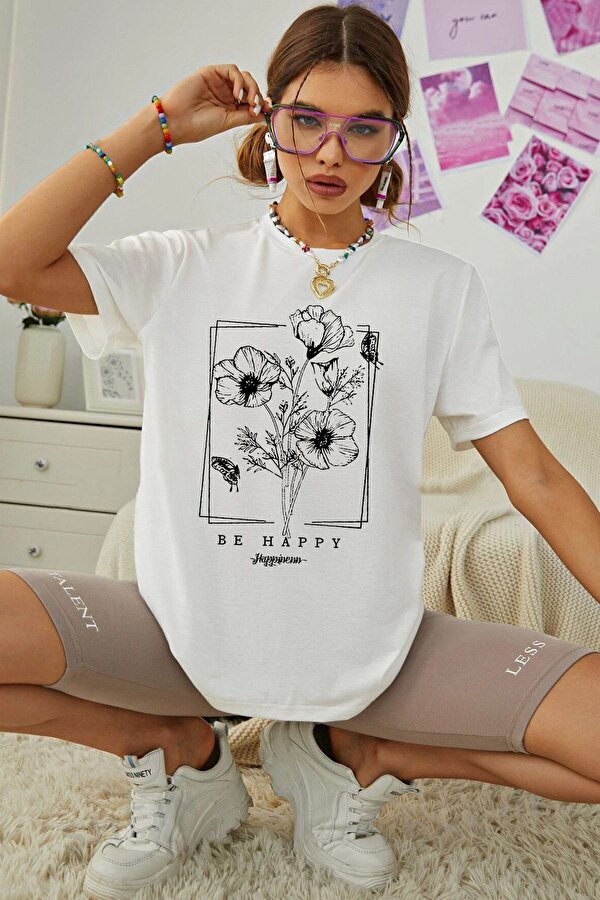 Unisex Be Happy Baskılı Oversize Tshirt - 3 Al 1 Öde
