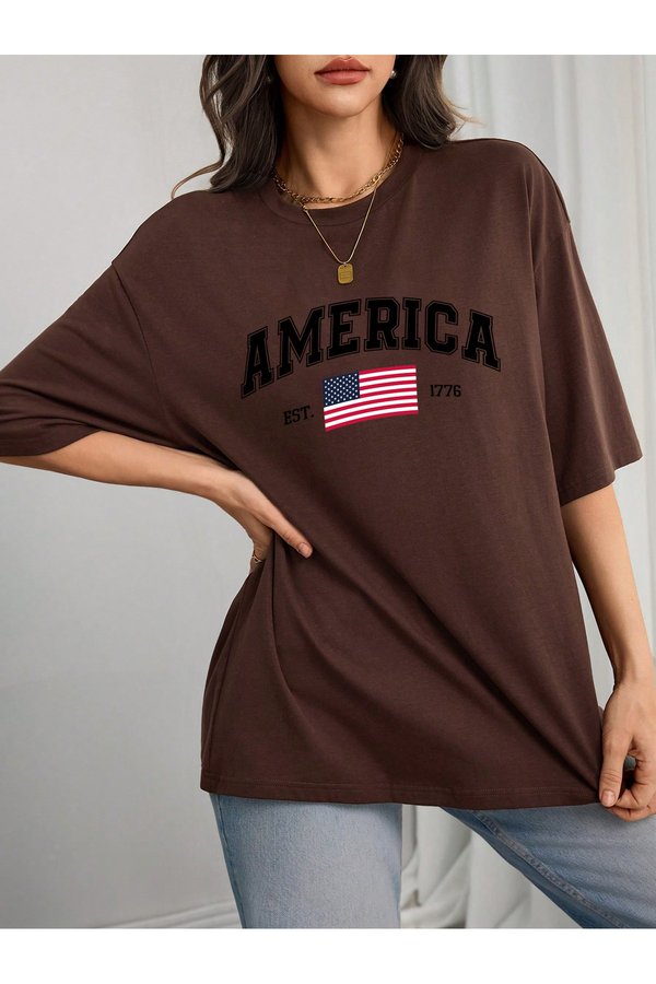 Unisex AMERICA Baskılı Baskılı Tasarım Tshirt - FLO 3 Al 1 Öde