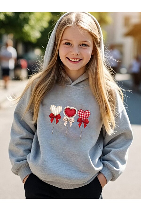 Lolipop Desenli Kalp Baskılı Oversize Çocuk Sweatshirt - 3 Al 1 Öde