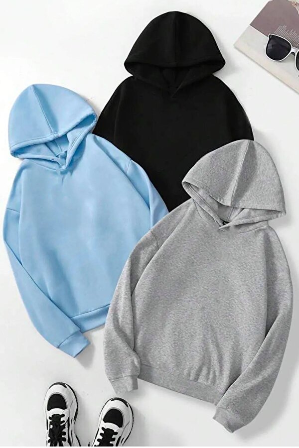 Unisex Düz 3  Lü Baskısız Kapüşonlu Oversize Sweatshirt
