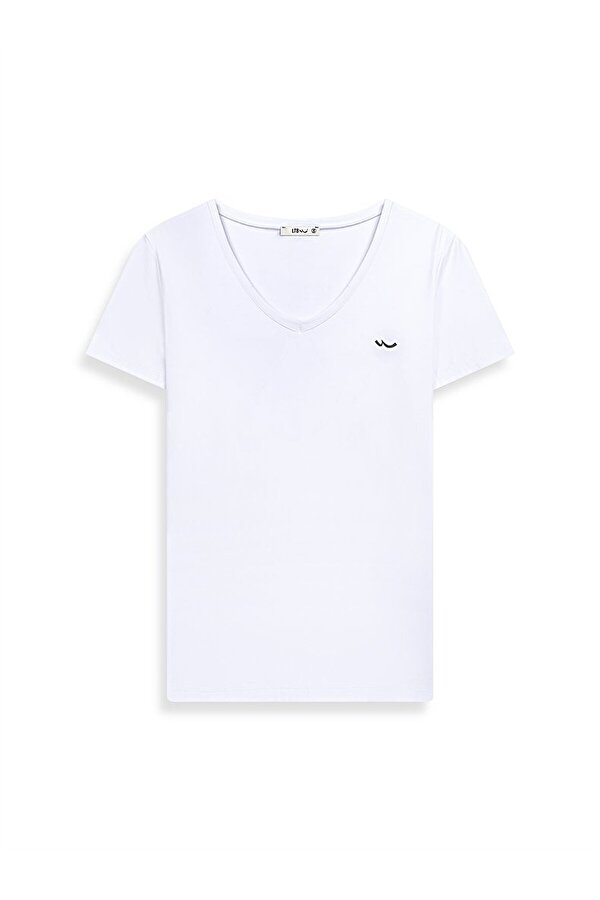 Kısa Kollu V Yaka Sıgnlı Basıc Krem T-shırt