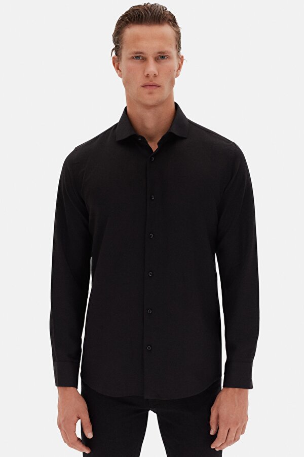 Ds Damat Slim Fit Siyah İtalyan Yaka Armürlü Uzun Kollu Kolay Ütülenebilir Nefes Alan Dört Mevsim Gö