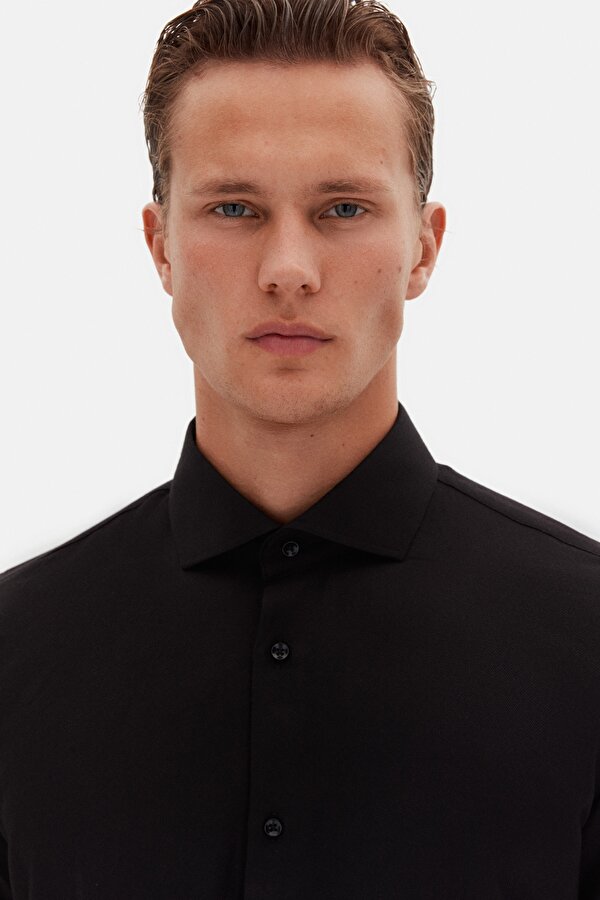 Ds Damat Slim Fit Siyah İtalyan Yaka Armürlü Uzun Kollu Kolay Ütülenebilir Nefes Alan Dört Mevsim Gö