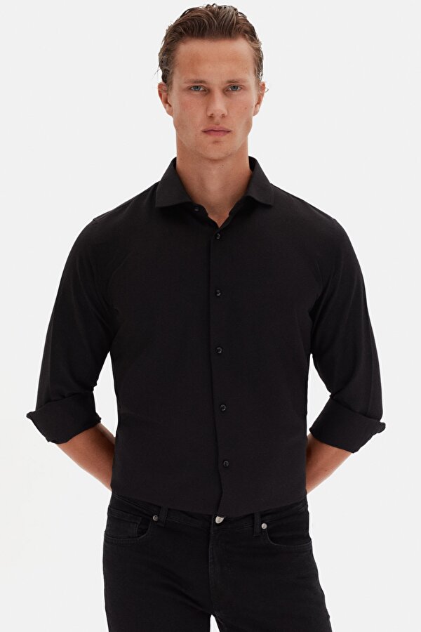 Ds Damat Slim Fit Siyah İtalyan Yaka Armürlü Uzun Kollu Kolay Ütülenebilir Nefes Alan Dört Mevsim Gö