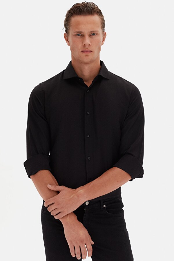 Ds Damat Slim Fit Siyah İtalyan Yaka Armürlü Uzun Kollu Kolay Ütülenebilir Nefes Alan Dört Mevsim Gö