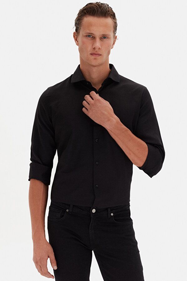 Ds Damat Slim Fit Siyah İtalyan Yaka Armürlü Uzun Kollu Kolay Ütülenebilir Nefes Alan Dört Mevsim Gö