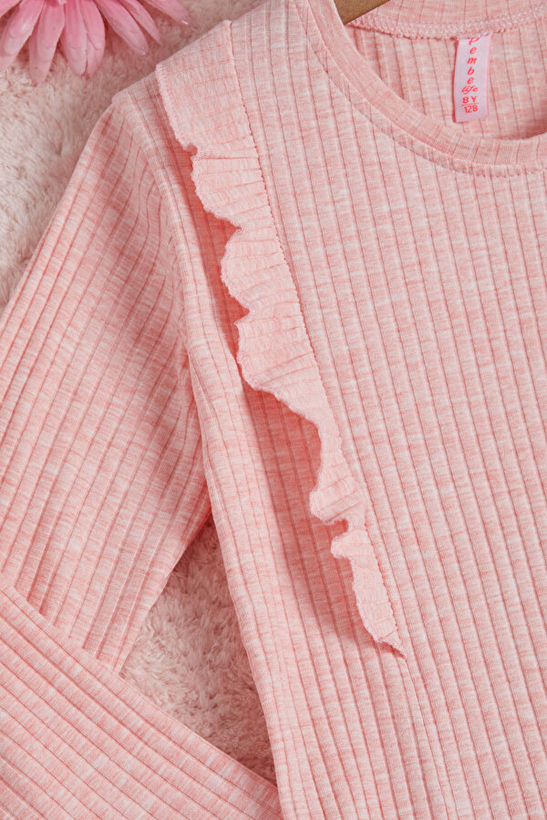 Pembe Önü Fırfırlı Fitilli Uzun Kollu Sweatshirt