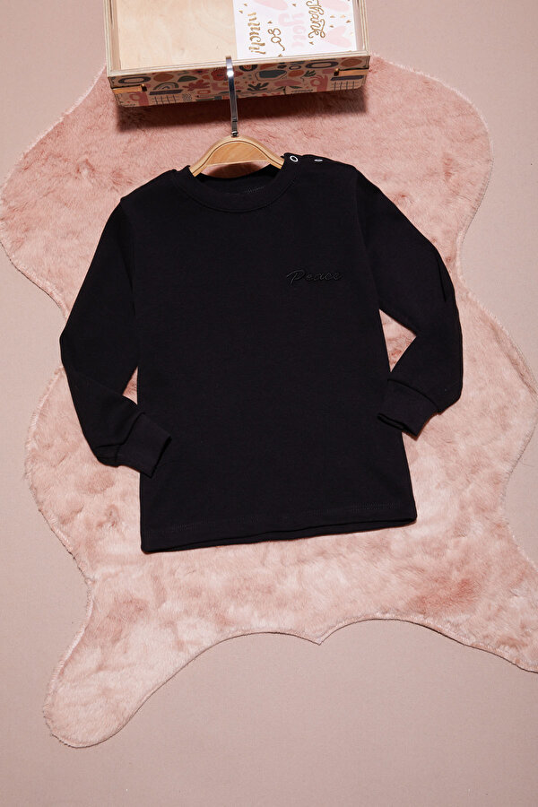 Siyah Yazı Nakışlı Kız Çocuk Çıtçıtlı Sweatshirt 16420