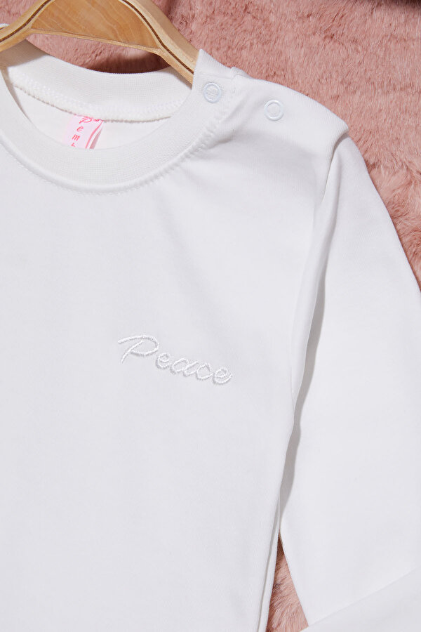 Ekru Yazı Nakışlı Kız Çocuk Çıtçıtlı Sweatshirt 16417