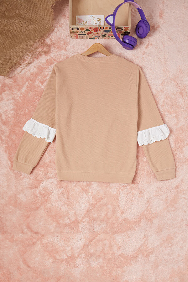 Kahverengi Smile Nakışlı Kız Çocuk Waffle Sweatshirt 16591