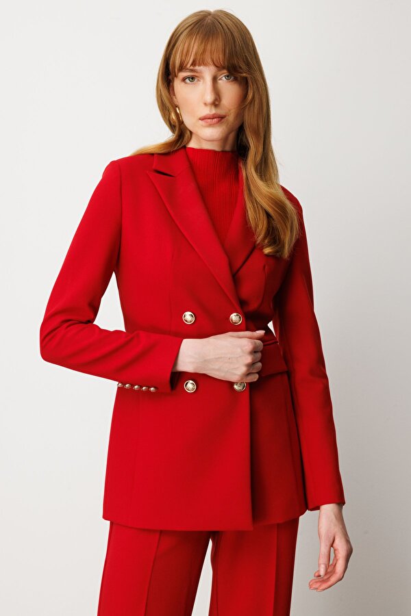 Kadın Kruvaze Yaka Kapak Cepli Ceket 5025 Kırmızı