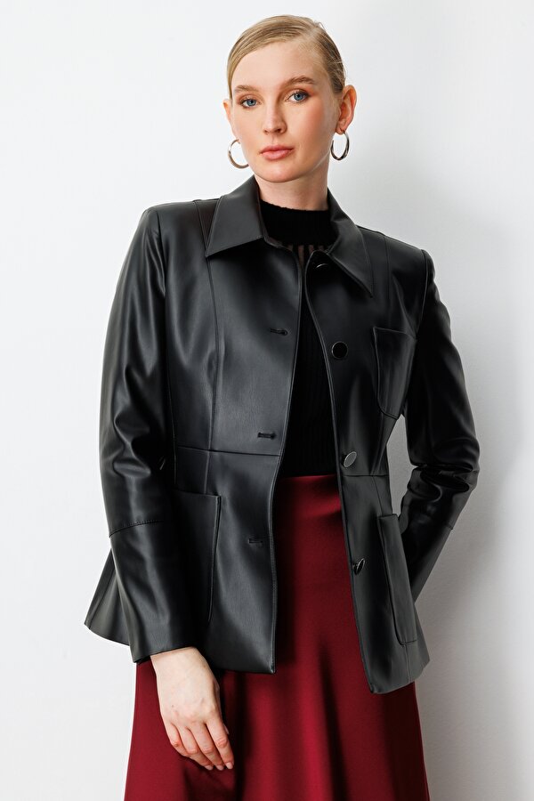 Kadın Torba Cepli Deri Ceket 5083 Siyah