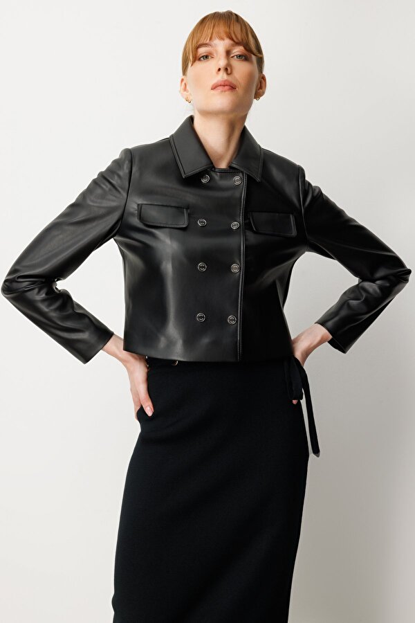 Kadın Çıtçıtlı Deri Crop Ceket 5087 Siyah