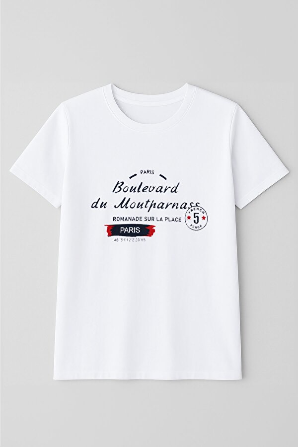 Kadın Bisiklet Yaka Baskılı Siyah T-shirt