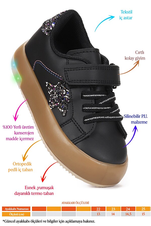 Rena Günlük Cırtlı Işıklı Kız Bebek Spor Ayakkabı Siyah - Platin