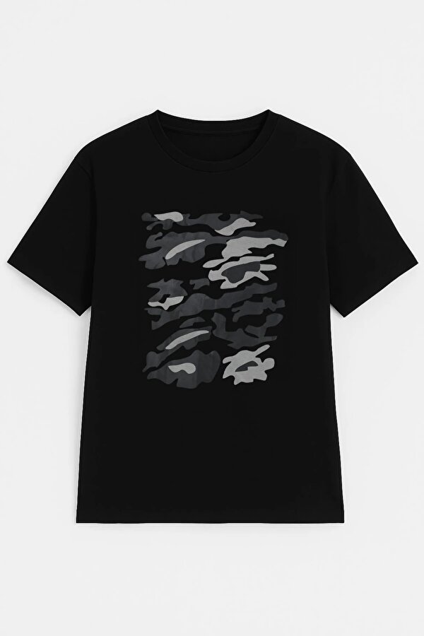 Erkek Bisiklet Yaka %100 Pamuk Baskılı Siyah T-shirt