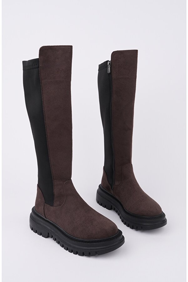 DİASA Süet Kalın Taban Streç Detaylı Fermuarlı Kadın Çizme