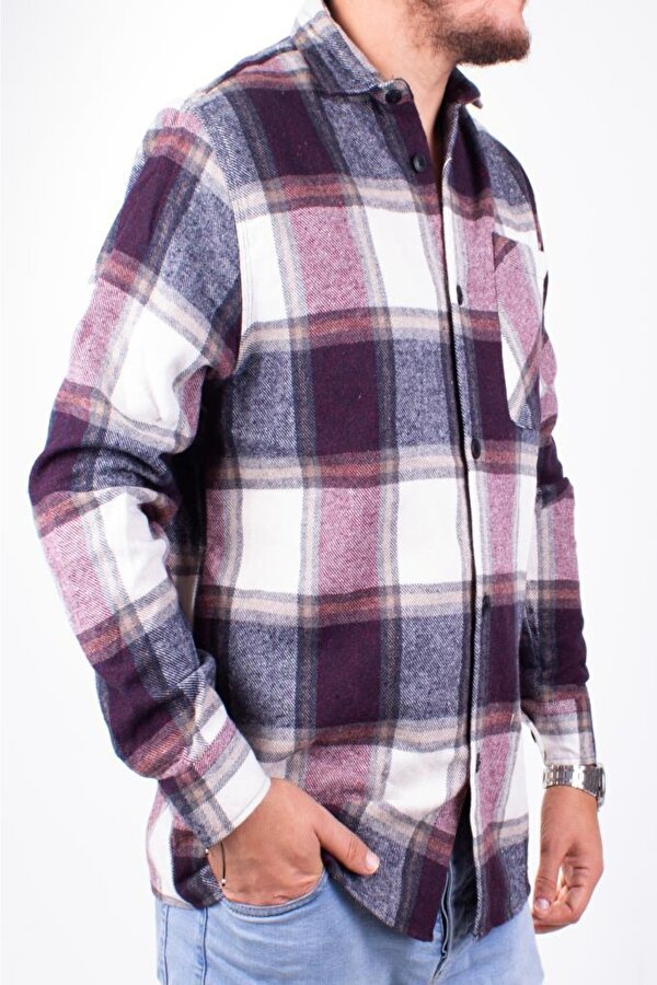 DMG23-194635 Bordo Günlük Tek Cep  Ekose Oduncu Oversize Erkek Gömlek