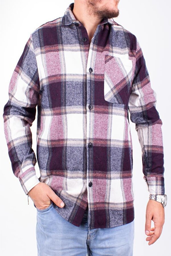 DMG23-194635 Bordo Günlük Tek Cep  Ekose Oduncu Oversize Erkek Gömlek