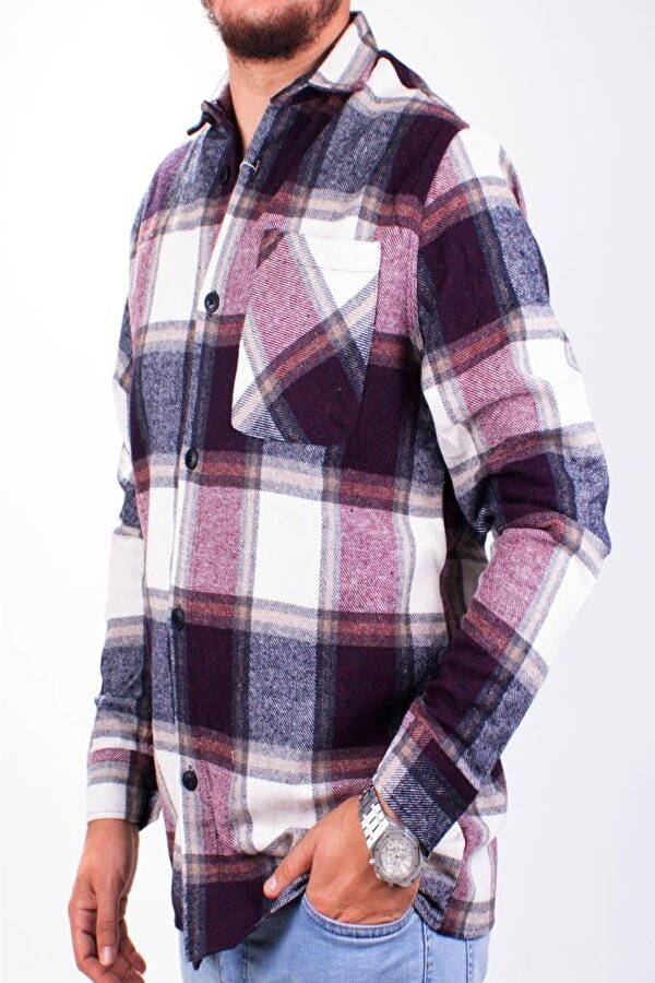 DMG23-194635 Bordo Günlük Tek Cep  Ekose Oduncu Oversize Erkek Gömlek