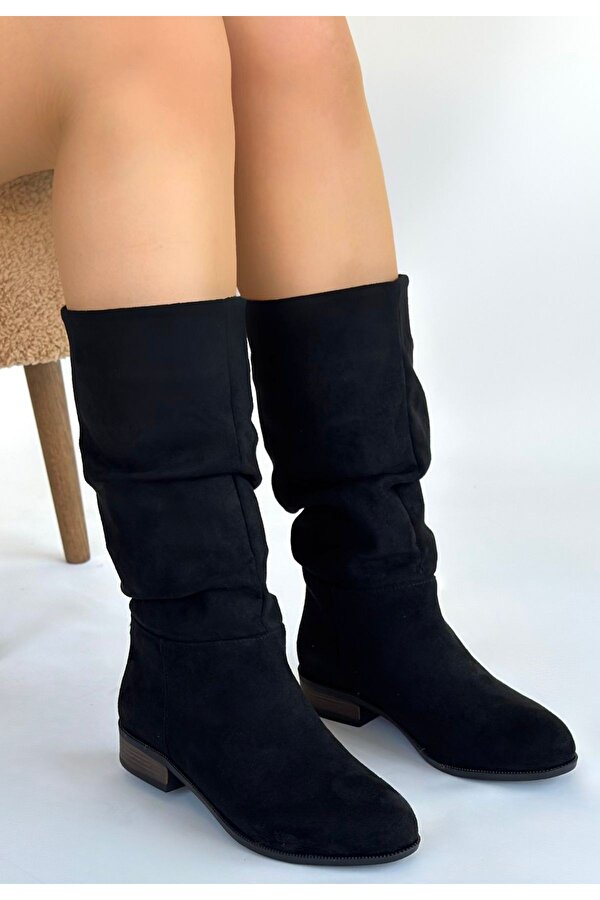 Siyah Süet Körüklü Kadın Topuklu Çizme