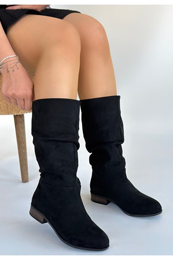 Siyah Süet Körüklü Kadın Topuklu Çizme