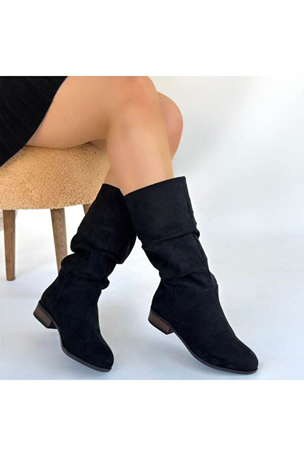 Siyah Süet Körüklü Kadın Topuklu Çizme