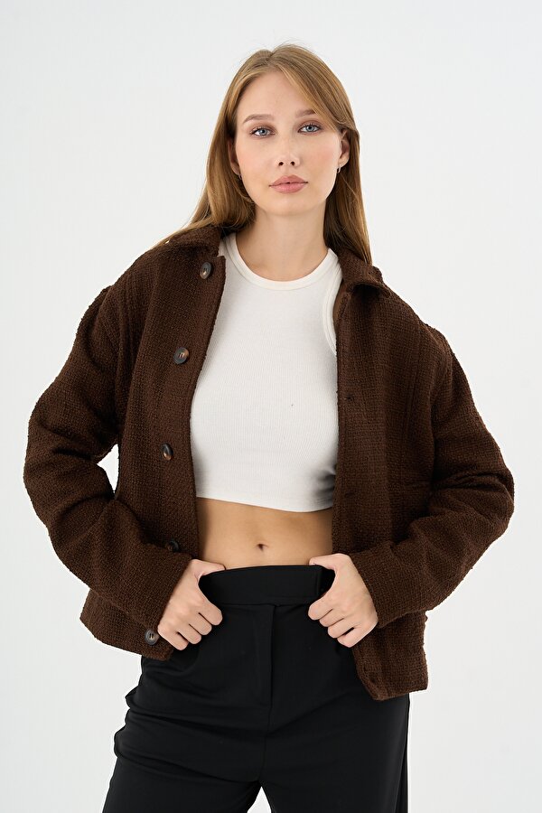 Kadın Oversize Tasarım Kumaş Teknik Mont Ceket Kahverengi