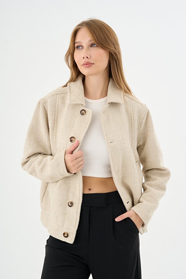 Kadın Oversize Tasarım Kumaş Teknik Mont Ceket Ekru