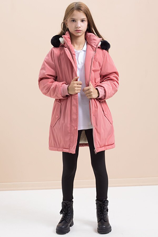 Gül Kurusu Çıtçıtlı Cepli Esnek Bel İçi Kürklü Kız Çocuk Kapüşonlu Mont 21309