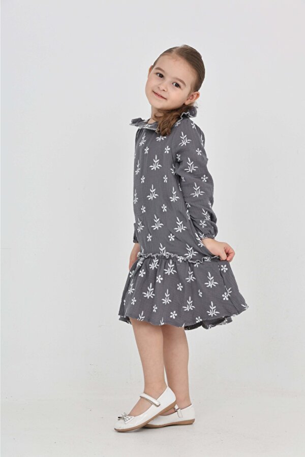 Toontoy Kız Çocuk Çiçek Nakışlı Bebe Yaka Elbise