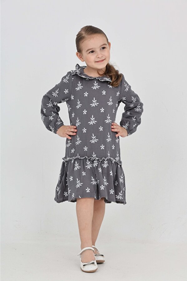 Toontoy Kız Çocuk Çiçek Nakışlı Bebe Yaka Elbise