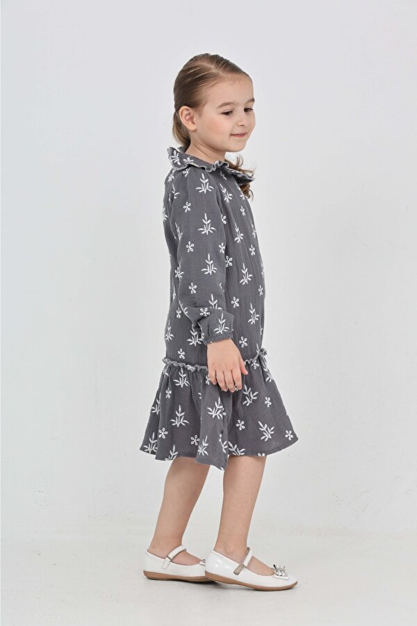 Toontoy Kız Çocuk Çiçek Nakışlı Bebe Yaka Elbise