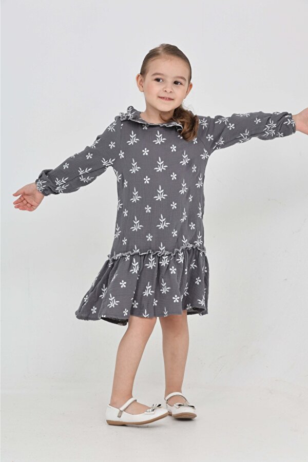 Toontoy Kız Çocuk Çiçek Nakışlı Bebe Yaka Elbise
