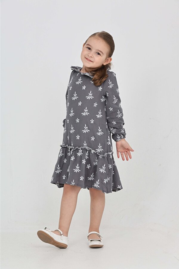 Toontoy Kız Çocuk Çiçek Nakışlı Bebe Yaka Elbise