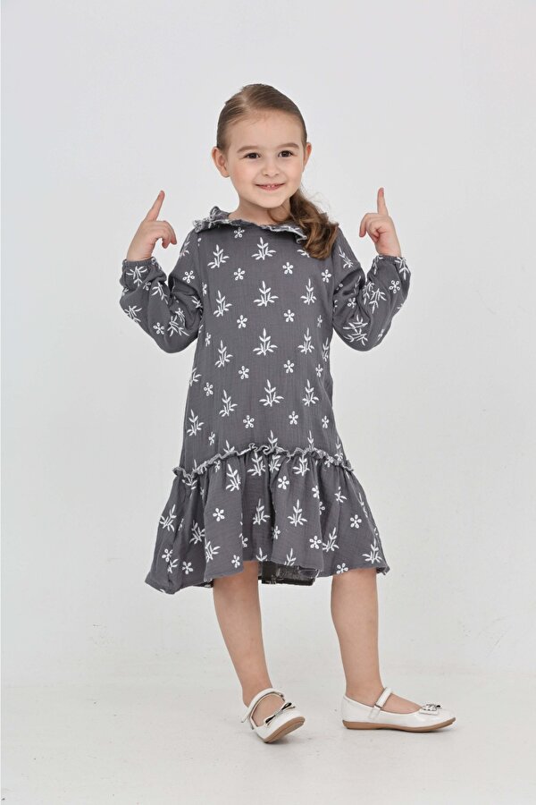 Toontoy Kız Çocuk Çiçek Nakışlı Bebe Yaka Elbise