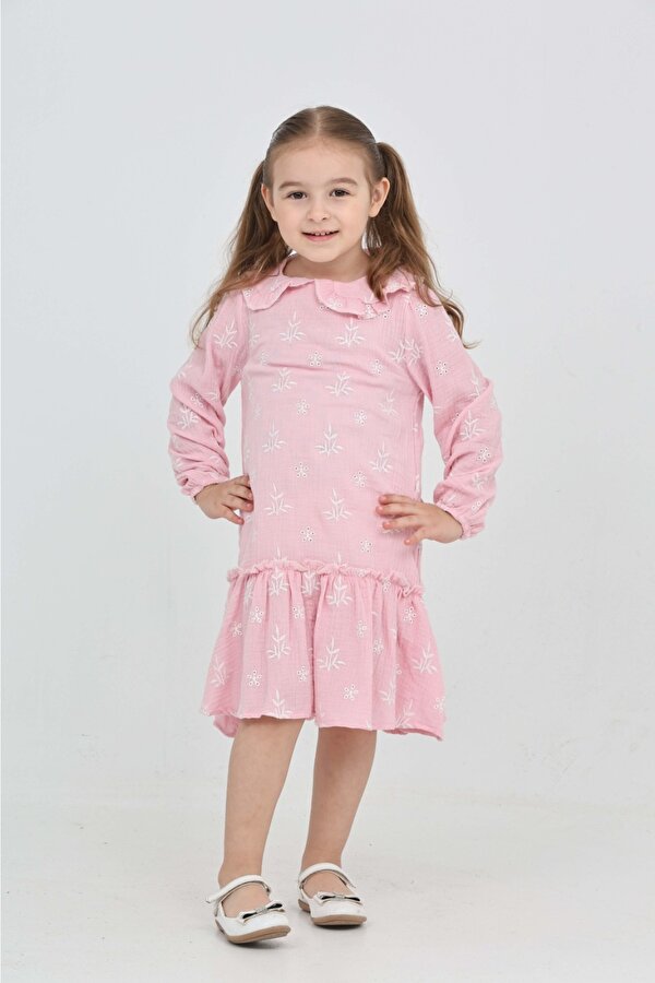 Toontoy Kız Çocuk Çiçek Nakışlı Bebe Yaka Elbise