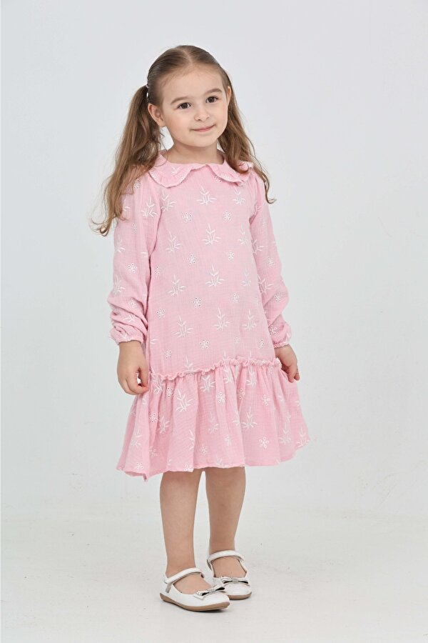 Toontoy Kız Çocuk Çiçek Nakışlı Bebe Yaka Elbise