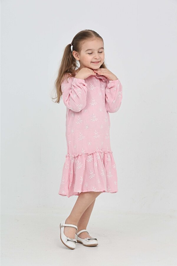 Toontoy Kız Çocuk Çiçek Nakışlı Bebe Yaka Elbise