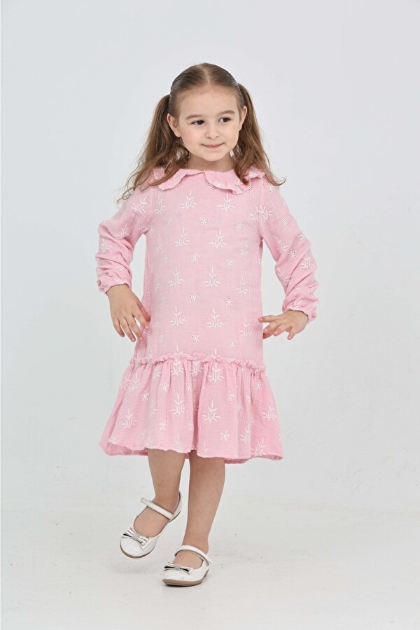 Toontoy Kız Çocuk Çiçek Nakışlı Bebe Yaka Elbise