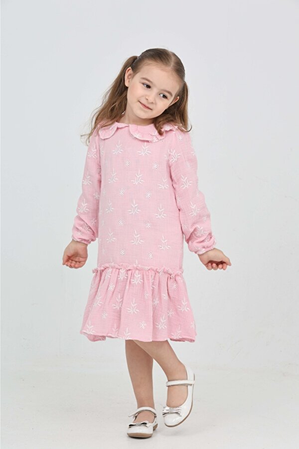 Toontoy Kız Çocuk Çiçek Nakışlı Bebe Yaka Elbise