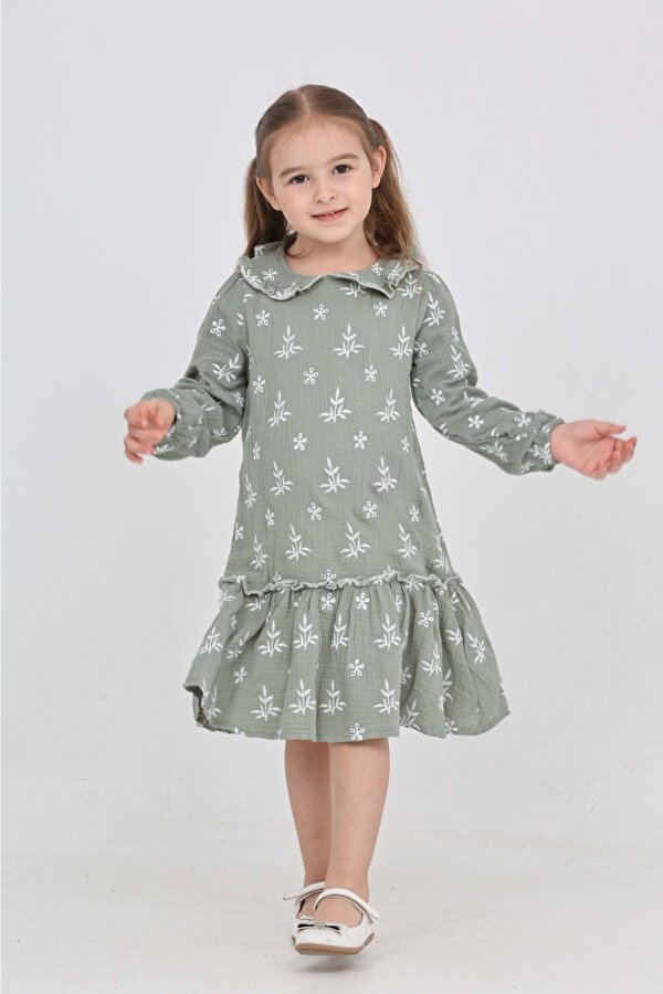 Toontoy Kız Çocuk Çiçek Nakışlı Bebe Yaka Elbise