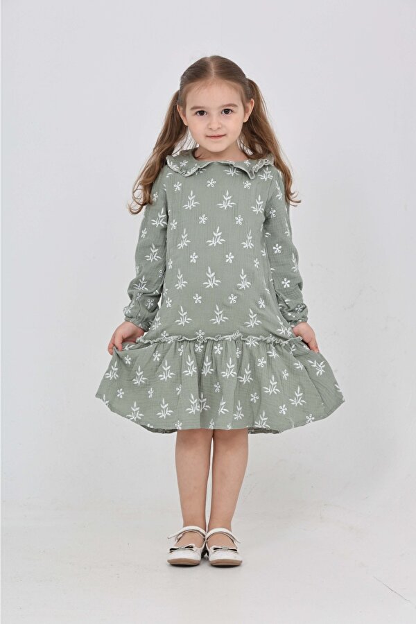 Toontoy Kız Çocuk Çiçek Nakışlı Bebe Yaka Elbise