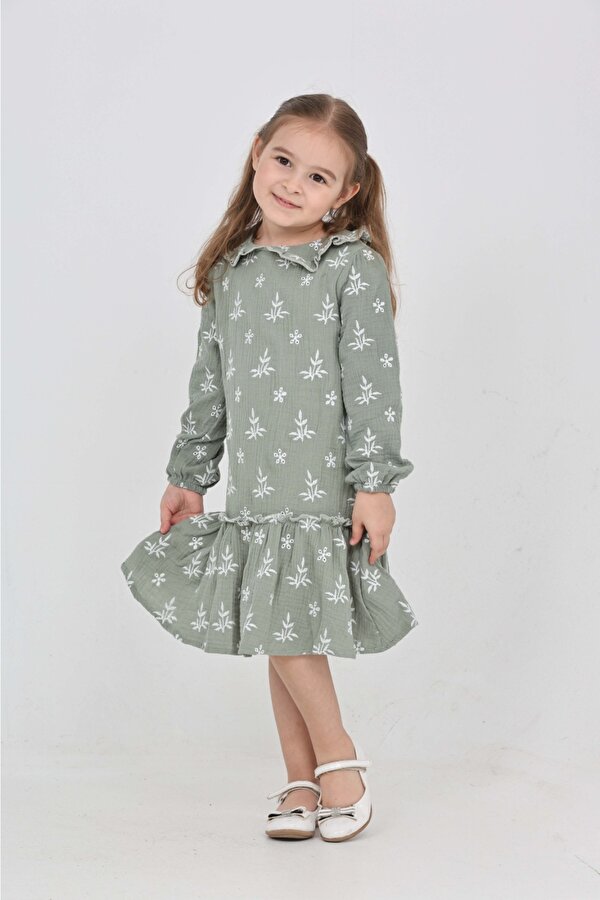 Toontoy Kız Çocuk Çiçek Nakışlı Bebe Yaka Elbise