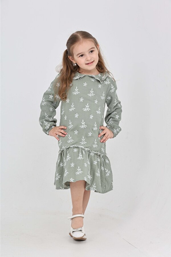 Toontoy Kız Çocuk Çiçek Nakışlı Bebe Yaka Elbise