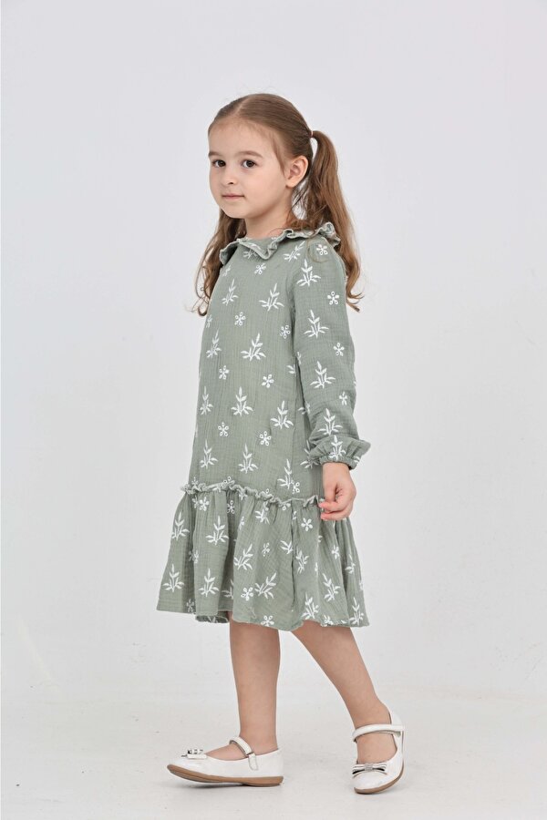 Toontoy Kız Çocuk Çiçek Nakışlı Bebe Yaka Elbise