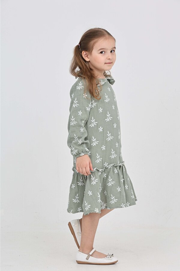 Toontoy Kız Çocuk Çiçek Nakışlı Bebe Yaka Elbise