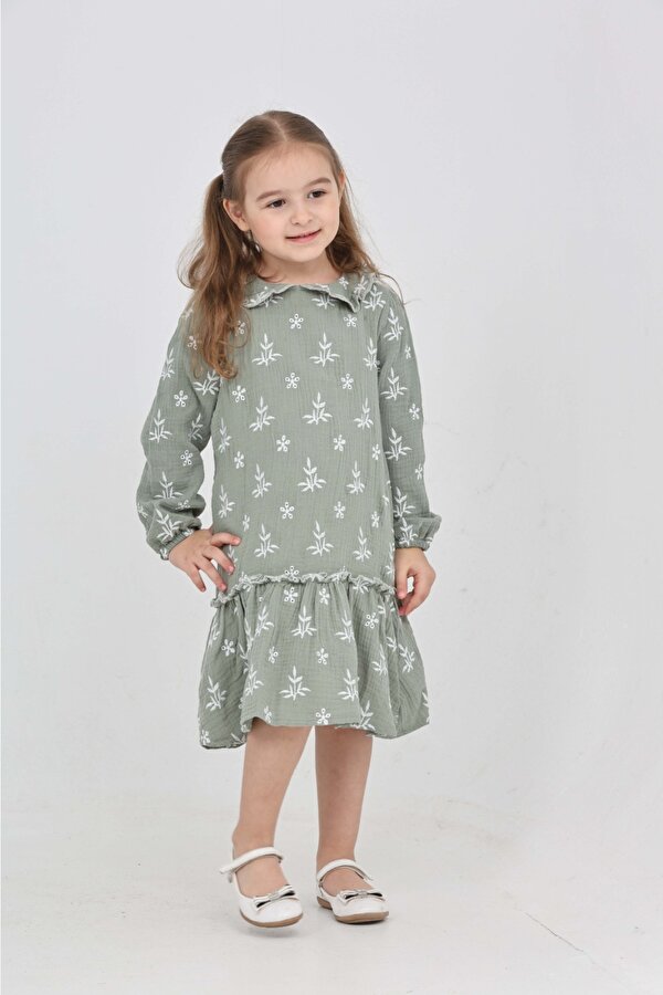 Toontoy Kız Çocuk Çiçek Nakışlı Bebe Yaka Elbise