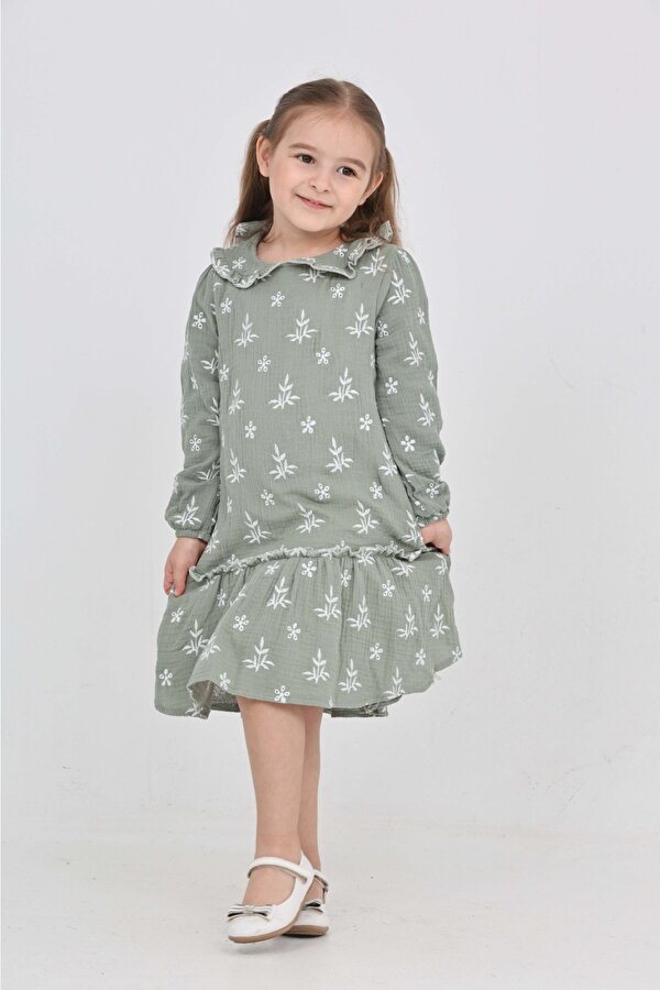 Toontoy Kız Çocuk Çiçek Nakışlı Bebe Yaka Elbise