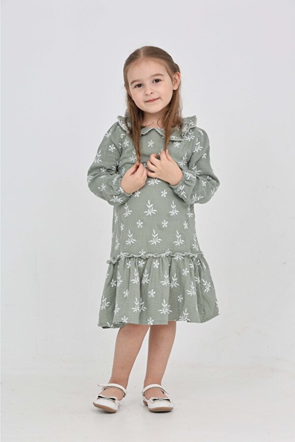Toontoy Kız Çocuk Çiçek Nakışlı Bebe Yaka Elbise